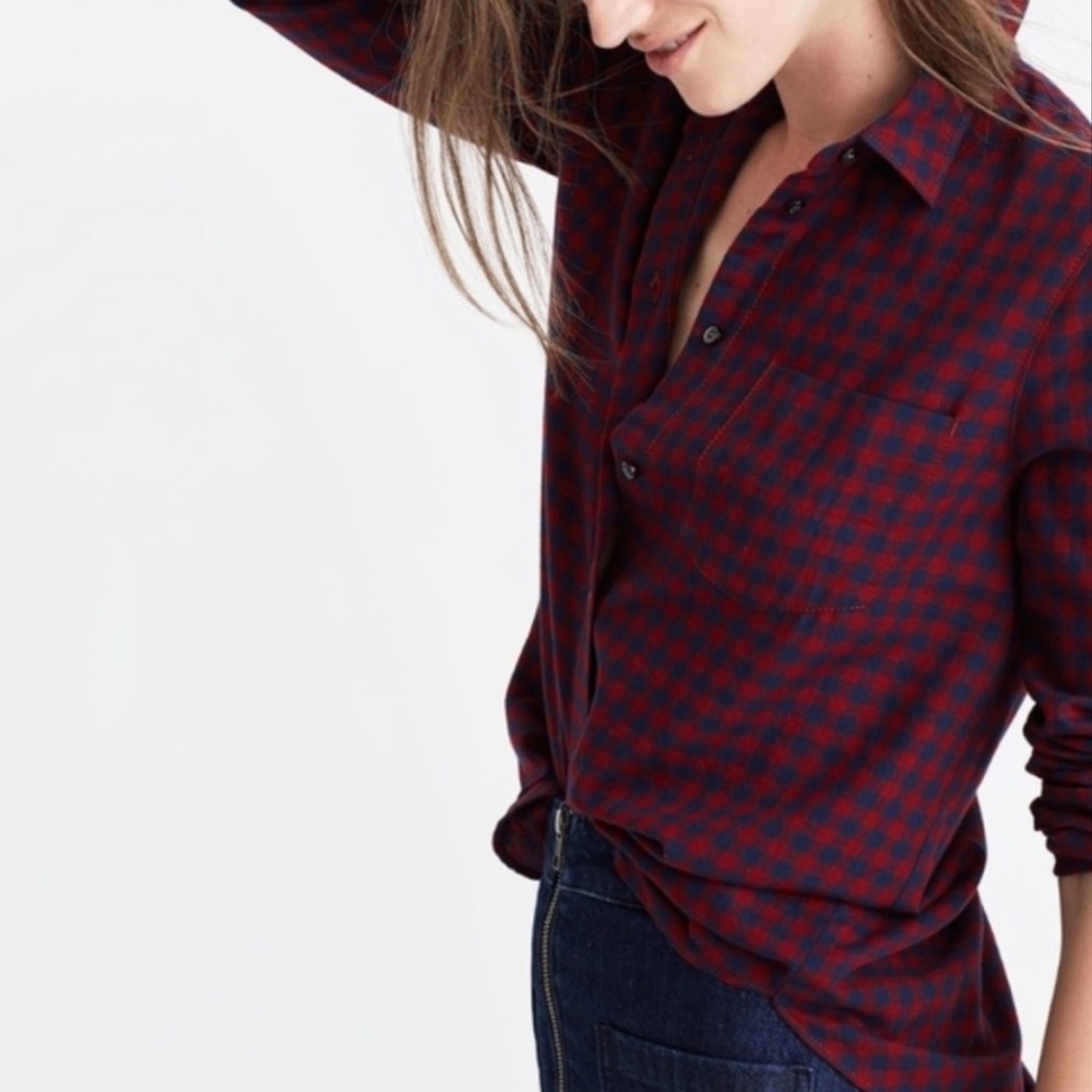 Madewell Navy Red Gingham Print Button Down